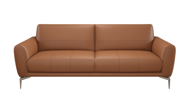 Sleek modern brown leather sofa with minimalist design and metal legs on transparent background