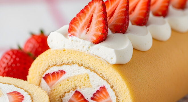 Delicious Strawberry Swiss Roll Cake with Cream and Fresh Strawberries.