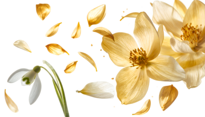 Delicate Flowers in Spring Wind Yellow and White Blossom Petals Dance