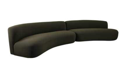 Modern curved sofa with dark green fabric on transparent background