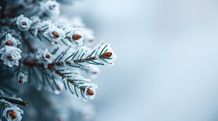 Closeup of frosty pine needles and cones in winter wonderland scene