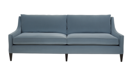 Modern low-profile sofa with light blue upholstery and dark brown legs on transparent background
