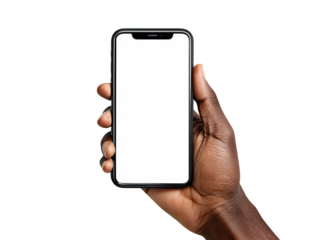 Dark Skinned Hand Holds Blank White Screen Smartphone on Transparent Background, PNG