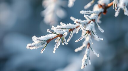 Closeup of a frosty pine branch covered in ice crystals in winter