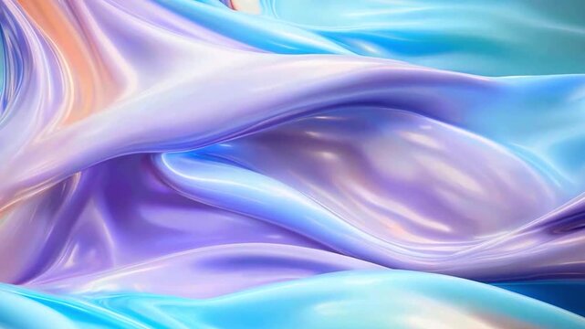 Shimmering fluid silk waves in soft pastel motion. Glossy abstract liquid fabric with futuristic flow. Pastel holographic waves forming smooth fluid motio
