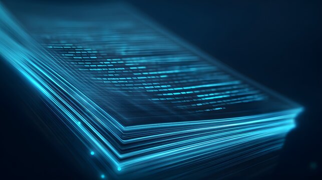 Stack of glowing blue digital data sheets with code.