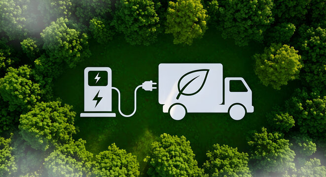 Embrace sustainable delivery with an electric truck charging amidst a vibrant green forest, symbolizing eco-friendly transportation and a commitment to a cleaner environment