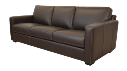 Modern three-seat leather sofa with dark brown upholstery and square legs on transparent background