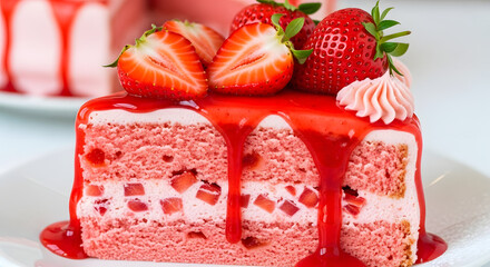 Delicious Slice of Strawberry Cake with Fresh Berries and Glaze.