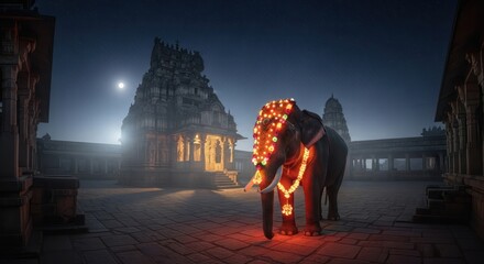 Illuminated elephant at a mystical ancient temple under the night sky shining light