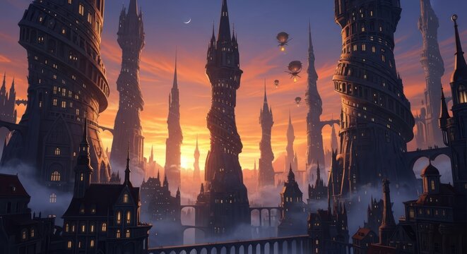 Epic fantasy cityscape with towering spires and fantastical architecture at sunset
