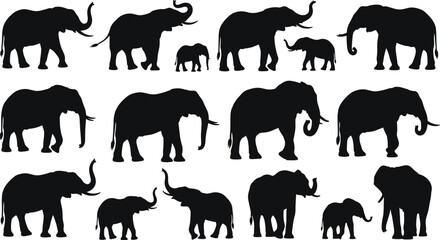 Set of elephant silhouettes, wild African animal vector collection, walking safari mammals, mother and baby figures, black icons isolated on white background.