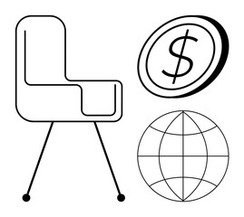 Minimalist chair design, dollar coin, and globe. Ideal for workspaces, economy, global trade, innovation, business growth travel and simplicity themes. Perfect for a simple flat metaphor © robu_s