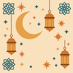 Fototapeta premium Square Clean Iftar Illustration Featuring Lanterns, Crescent Moon, and Geometric Motifs