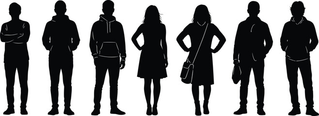 Set of people silhouettes, young men and women standing, casual clothing vector illustration, isolated characters group, black human figures collection for design.