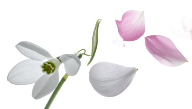 Delicate Snowdrop Flower with Falling Petals on White Background
