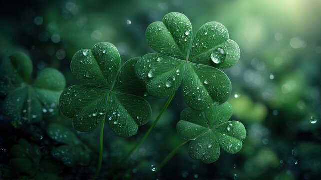 Fresh green clover leaves with water droplets glistening in soft sunlight, shallow depth of field creating serene natural mood