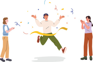 Celebrating Victory Runner Crosses Finish Line with Cheering Crowd