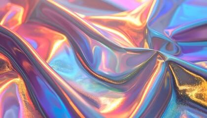 Fluid, iridescent fabric billows in soft light, showcasing vibrant metallic color shifts