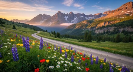 Idyllic mountain landscape with wildflower meadows and winding dirt road at sunrise