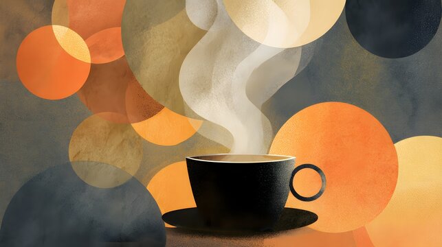 Steaming coffee cup with abstract warm-toned circles background.