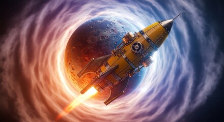 Vintage rocket ship blasting off from a cratered moon with swirling cosmic nebula