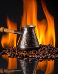 Coffee brewing in a cezve with flames and coffee beans.