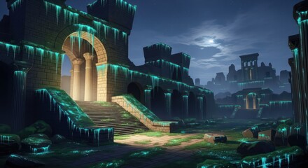 Enigmatic moonlight illuminates the overgrown ruins of an ancient civilization casting long