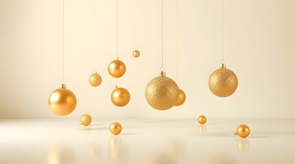 Elegant golden christmas ornaments floating on a white surface isolated on white background