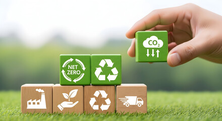 Achieve net zero with sustainable practices shown on wooden blocks demonstrating carbon reduction and a thriving green future for businesses committed to environmental stewardship