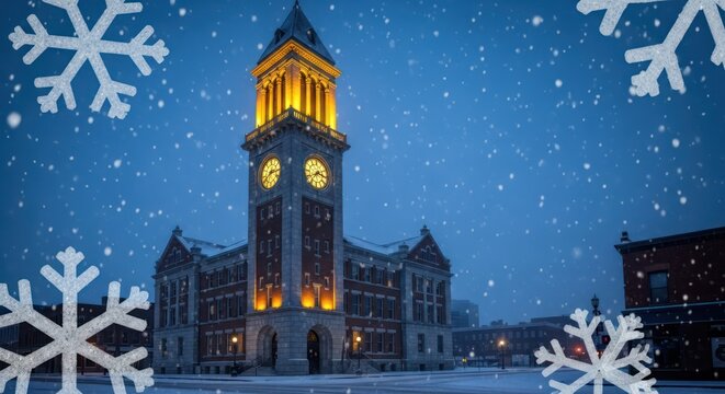 Winterscape with illuminated clock tower, evoking a sense of timeless festivity and silent snowfall - Powered by Adobe