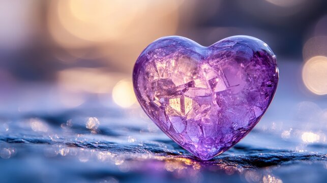 Naklejki Heart-shaped amethyst crystal, warm sunset bokeh background, close-up, beauty