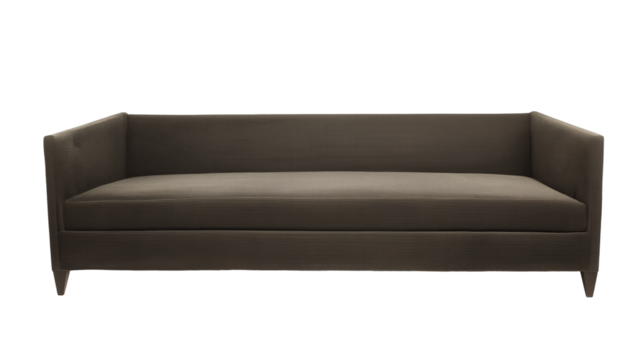 Modern minimalist sofa with dark muted fabric and wooden legs on transparent background