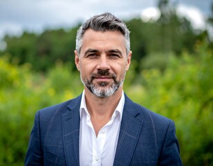 Confident businessman in nature setting, portrait of a professional.