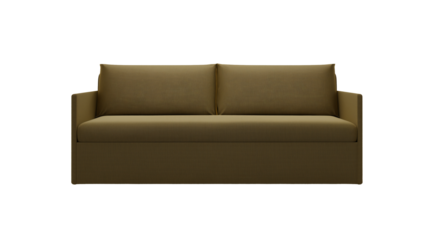 Modern olive-green sofa with low backrest and cushioned armrests isolated on transparent background
