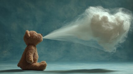 Teddy Bear Blowing a Heart-Shaped Cloud in a Dreamy Cotton Background With Wide Banner Space