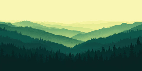 Serene layered mountains and forest landscape in shades of muted green © Nayan