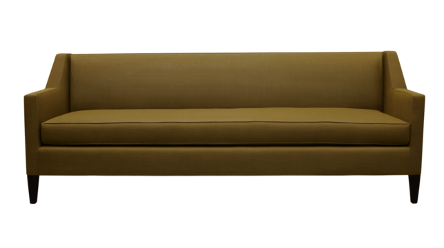 Modern minimalist sofa with olive-green upholstery and dark brown legs on transparent background