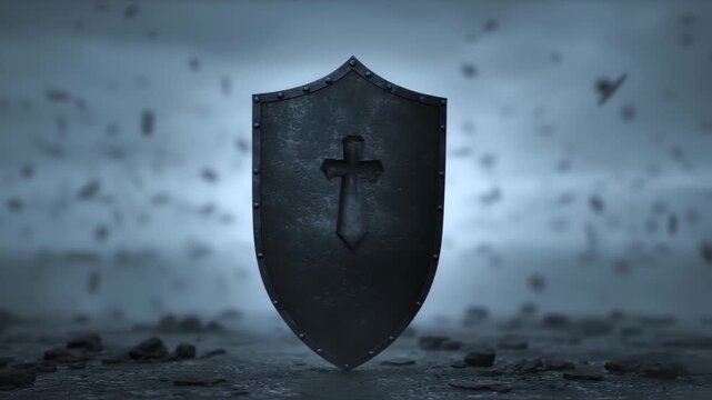 A worn, dark metal shield with a cross detail stands on a rough, stony surface with particles floating