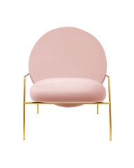 Contemporary accent chair with gold metal frame and light pink upholstery on transparent background