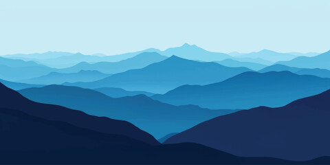 Layered mountain ranges depicted in varying shades of blue tones