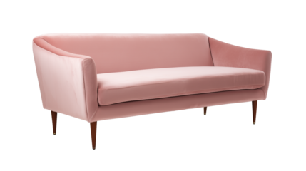 Mid-century modern pink sofa with tapered wooden legs on transparent background