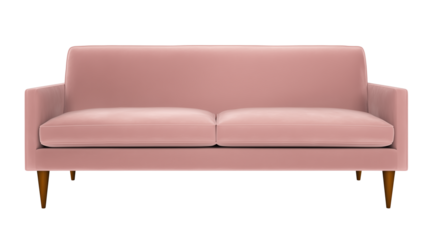 Modern minimalist sofa with light pink upholstery and wooden legs on transparent background