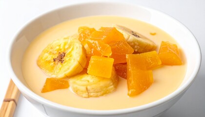 A bowl of creamy dessert soup with slices of banana and chunks of bright orange fruit, possibly mango or papaya.