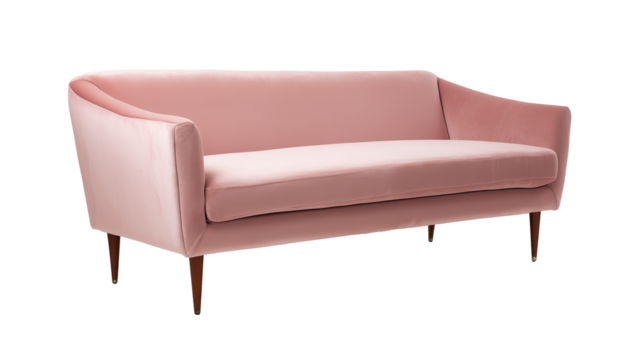 Mid-century modern pink sofa with tapered wooden legs on transparent background