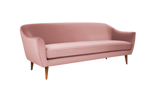 Modern pink sofa with wooden legs on transparent background