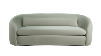 Modern minimalist sofa with light green upholstery on transparent background