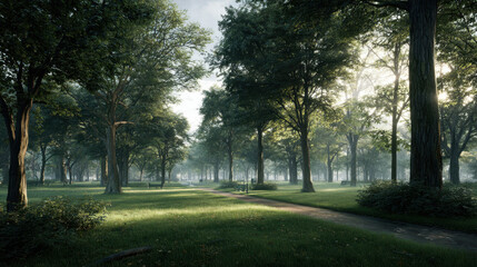 Obraz premium Lush green park with tall oak tree sunlit tree lined path morning mist and benches open lawn and shaded grove tranquil natural landscape