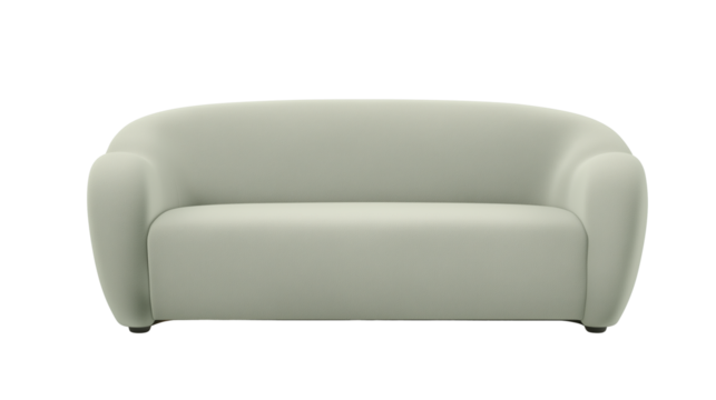 Modern light green sofa with curved backrests and dark legs on transparent background