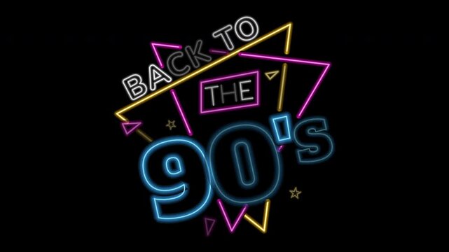 Loop animation of a neon sign reading back to the 90s. Back to the 90s neon lights set a vibrant nostalgic mood for events. Ideal for themed parties, advertisements, or retro designs.